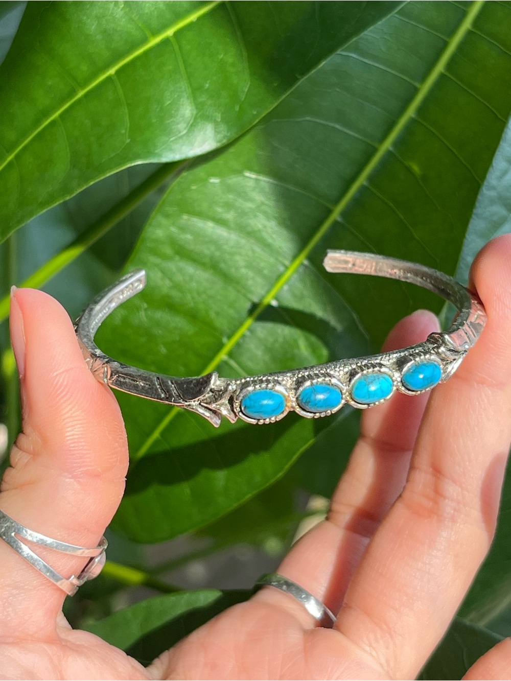 ART© stamped Vintage Turquoise Cabochon Silver Cuff Bracelet Victorian x Western
